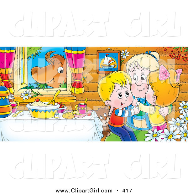 Clip Art of a Colorful Picture of Happy Grandchildren Hugging Grandma at a Table While a Cow Chews on Grass in the Window