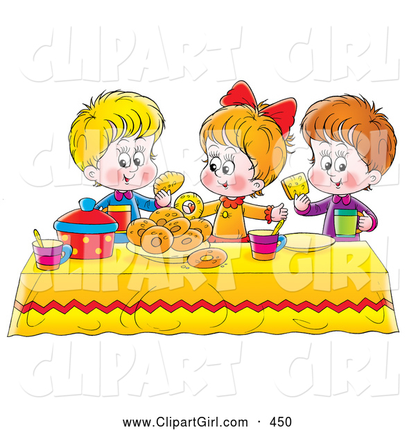 Clip Art of a Colorful Setting with a Girl and Two Boys Eating Bread and Bagels at a Picnic Table