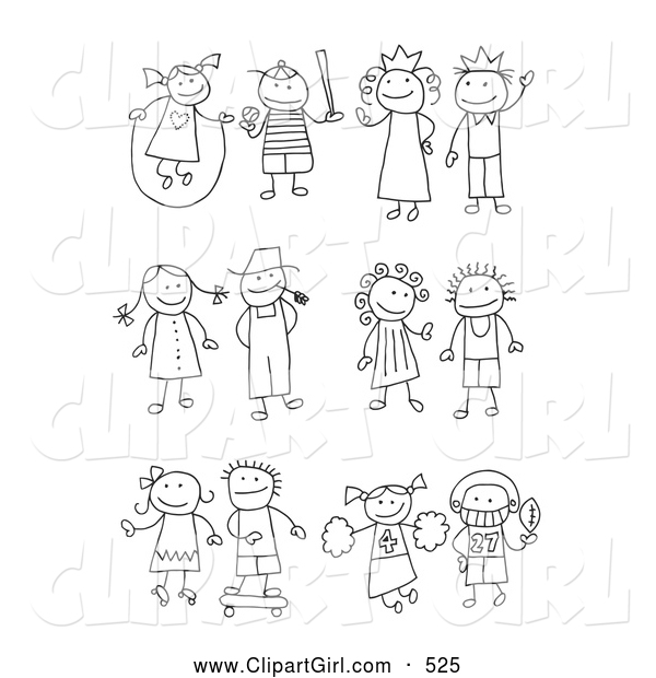 Clip Art of a Coloring Page of a Stick Girl Juming Rope, Boy Playing Baseball, King, Queen, Farmer and Wife, Skating Girl, Skateboarding Boy, Cheerleader and Football Player