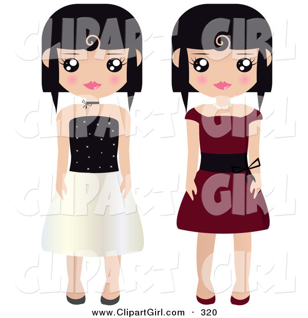 Clip Art of a Couple of Black Haired Female Paper Dolls in Black and White and Red Formal Dresses and Gowns