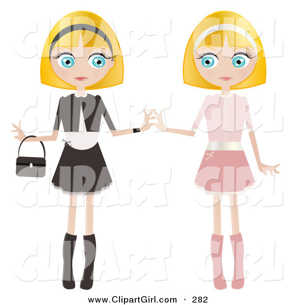 Clip Art of a Couple of Blond Haired, Blue Eyed Caucasian Women, Twins, Dressed in Pink and Black and White, Standing Side by Side and Touching Hands