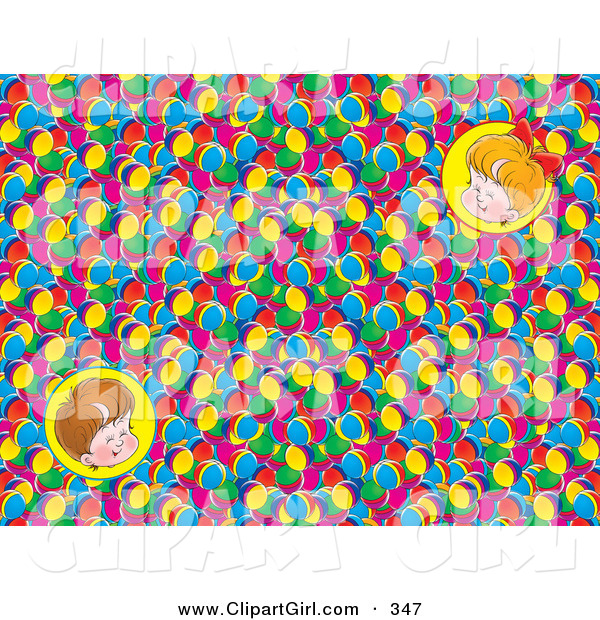 Clip Art of a Couple of Portraits of Two Happy Children over a Background of Colorful Balls