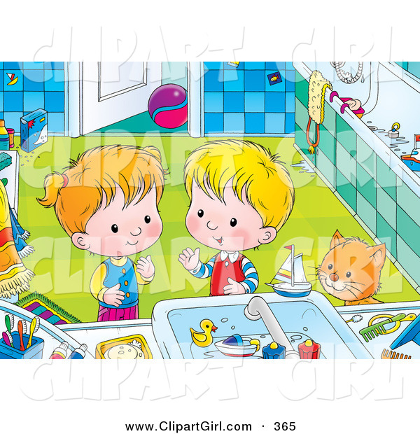 Clip Art of a Curious Cat Watching a Boy and Girl Playing with Toys in a Bathroom Sink