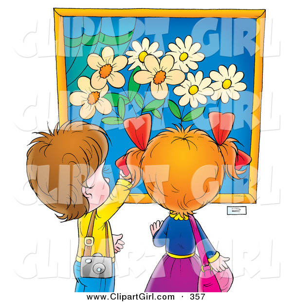 Clip Art of a Curious Little Boy and Girl Admiring a Painting of Flowers in a Museum or Art Gallery