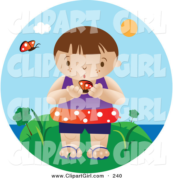 Clip Art of a Curious Little White Boy Wearing an Inner Tube and Holding a Butterfly While Standing near the Beach on a Hot Summer Day