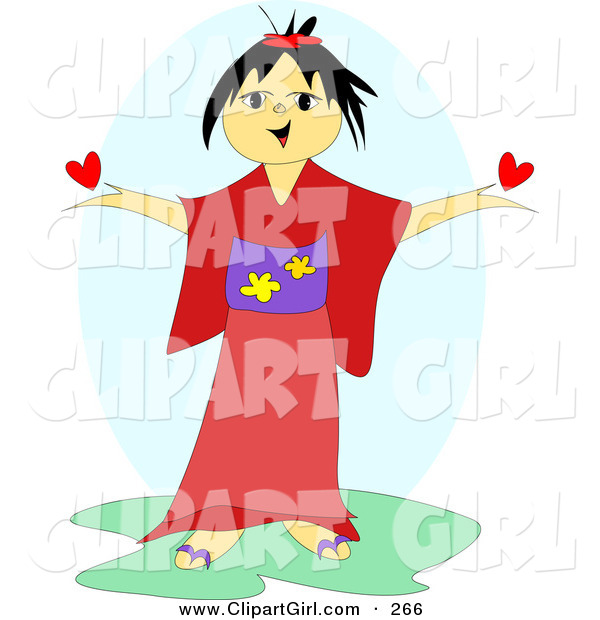 Clip Art of a Cute and Friendly Japanese Girl in a Red and Purple Kimono, Holding up a Red Heart