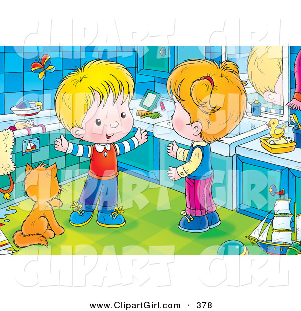 Clip Art of a Cute and Happy Boy Talking with His Sister While Standing by a Cat in a Bathroom