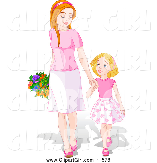 Clip Art of a Cute and Happy Young Daughter Holding Hands and Walking with Her Mom on Mother