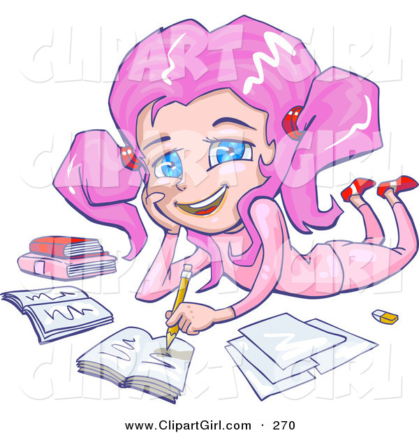 Clip Art of a Cute and Smiling Pink Haired, Blue Eyed School Girl in Pink Clothes, Laying on Her Belly and Doing Homework for School