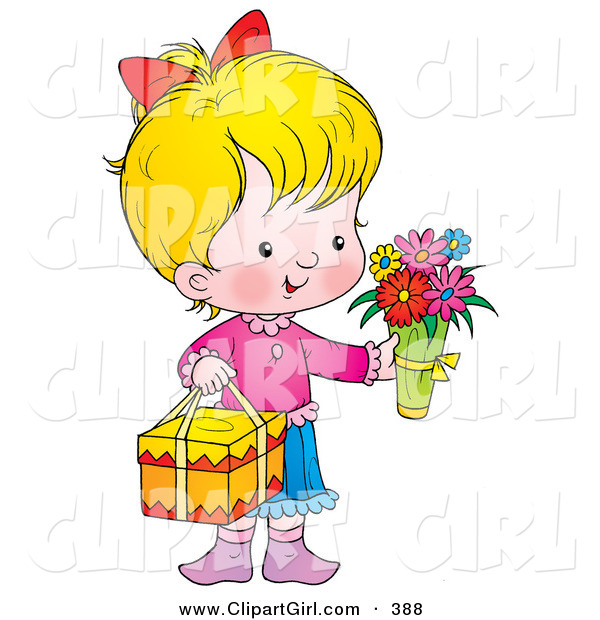 Clip Art of a Cute and Sweet Little Girl Carrying Flowers and a Gift on Mothers Day
