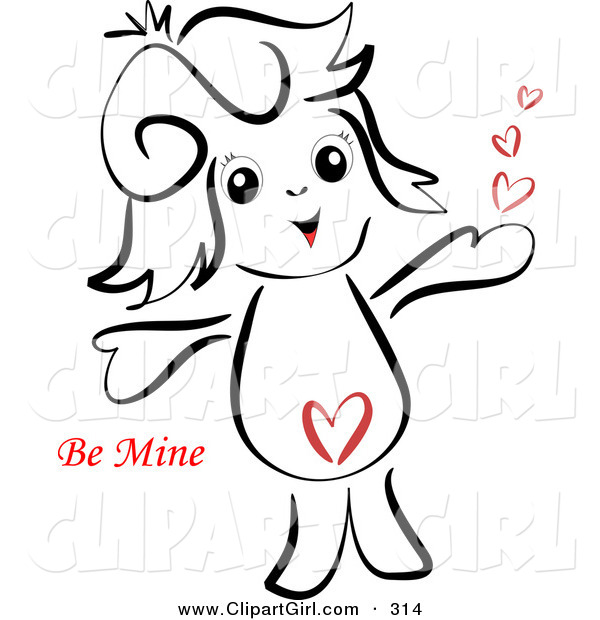 Clip Art of a Cute and Sweet Little Girl with a Heart on Her Belly, Holding Her Arms out and Smiling with Red "Be Mine" Valentine's Day Text