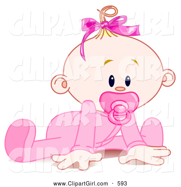 Clip Art of a Cute Baby Girl in a Sleeper, Sucking in a Pacifier and Trying to Crawl