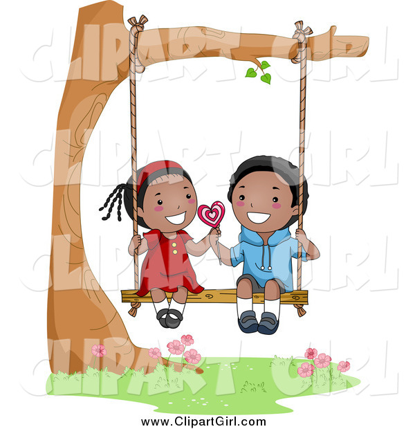 Clip Art of a Cute Black Valentine Kid Couple Sharing a Lolipop on a Swing