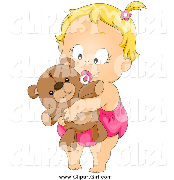 Clip Art of a Cute Blond Baby Girl Sucking on a Pacifier and Hugging Her Teddy Bear