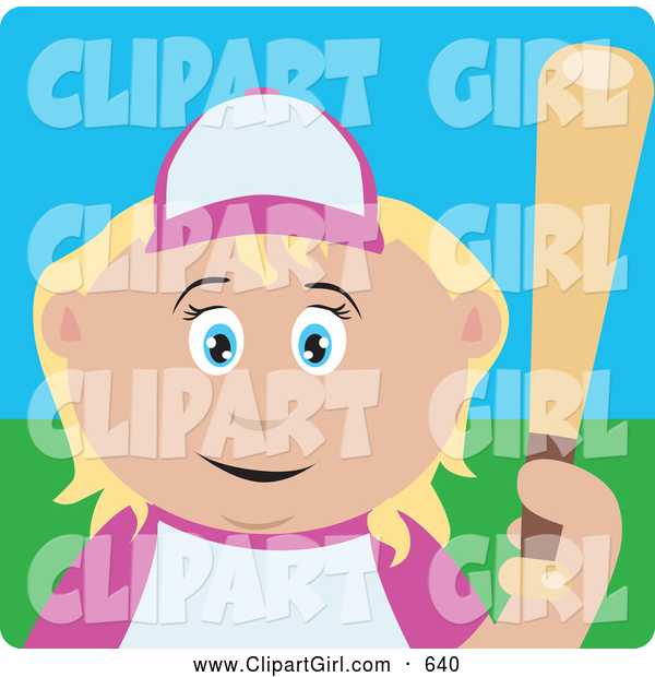 Clip Art of a Cute Blond Caucasian Girl Batting During a Baseball Game