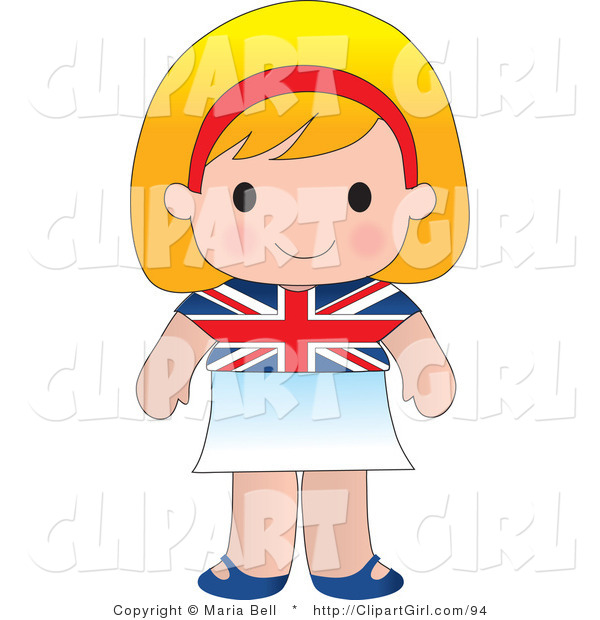 Clip Art of a Cute Blond English Girl Wearing a Flag of Britian Shirt and White Skirt