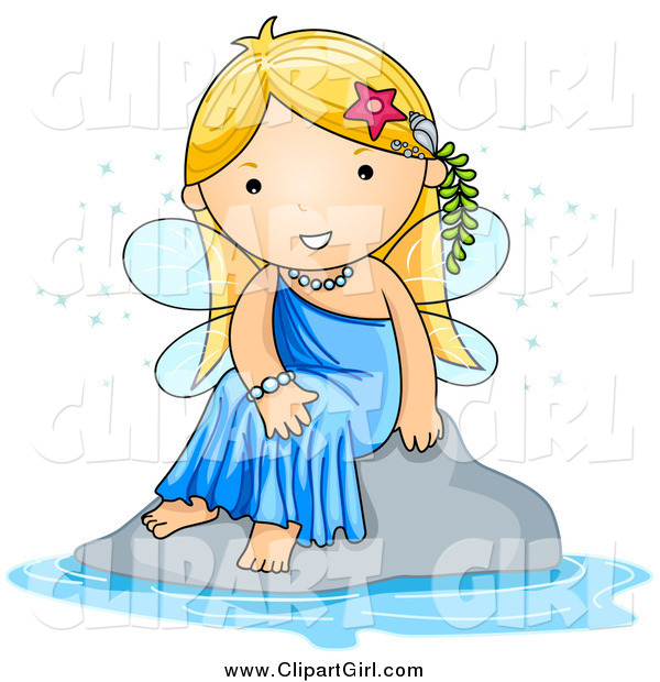 Clip Art of a Cute Blond White Fairy Sitting by Water