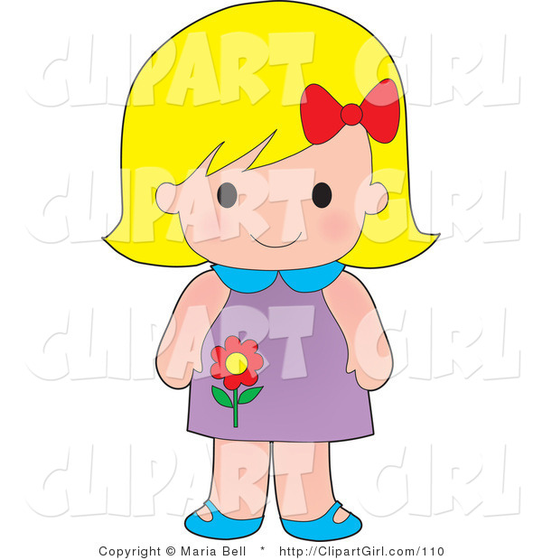 Clip Art of a Cute Blond White Girl Wearing a Purple Floral Dress