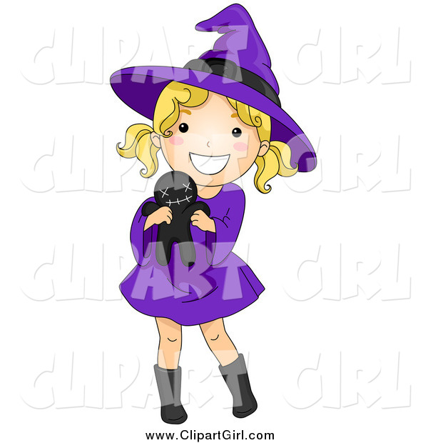 Clip Art of a Cute Blond White Halloween Girl in a Witch Costume, Holding a Voodoo Doll