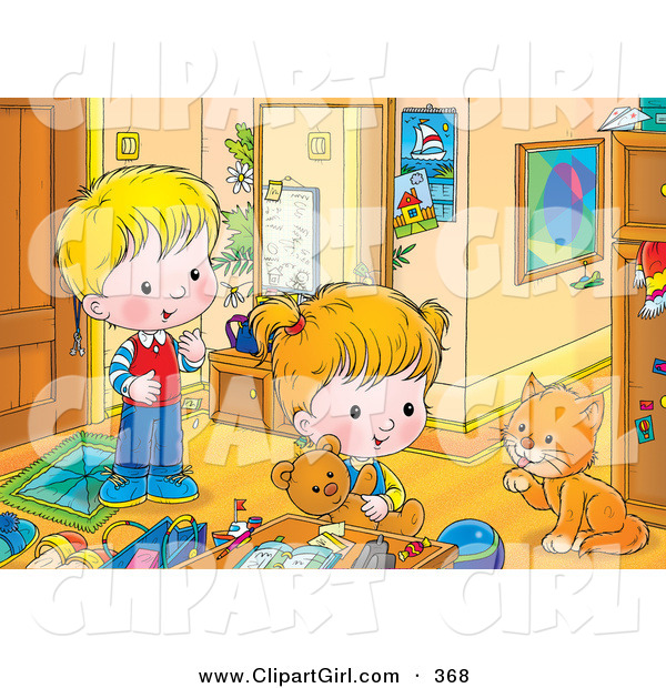 Clip Art of a Cute Boy and Girl Playing in a Room, Watching a Cat Groom Its Paw