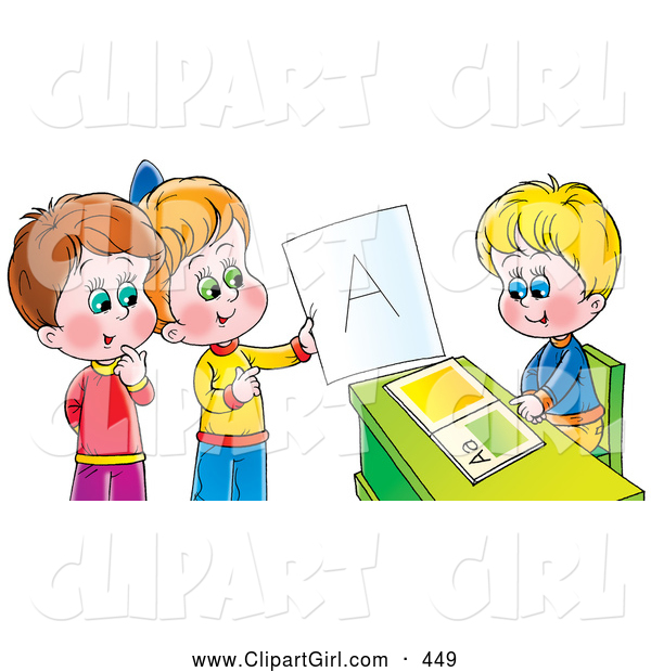 Clip Art of a Cute Boy Sitting at a Desk While Other Children Admire an a on a Report Card