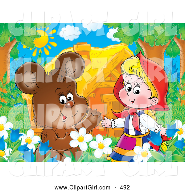 Clip Art of a Cute Brown Bear Chatting with Little Red Riding Hood in a Flower Bed near a House