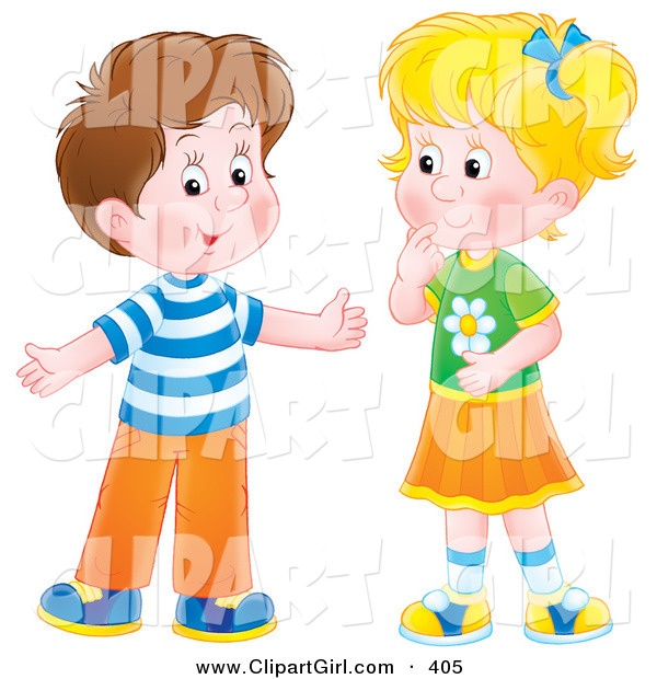 Clip Art of a Cute Brunette Boy Holding His Arms out While Talking to a Little Blond Girl