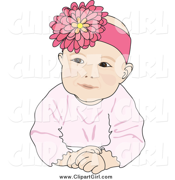 Clip Art of a Cute Caucasian Baby Girl Wearing a Flower Head Band and Posing