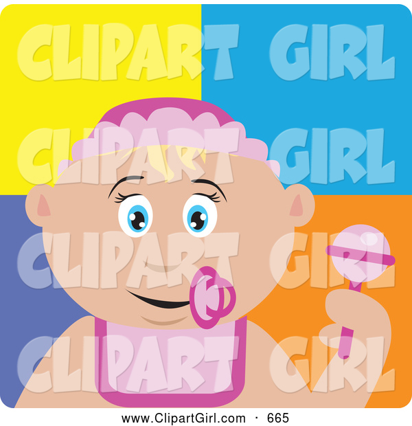 Clip Art of a Cute Caucasian Baby Girl with a Pacifier, Bib and Rattle