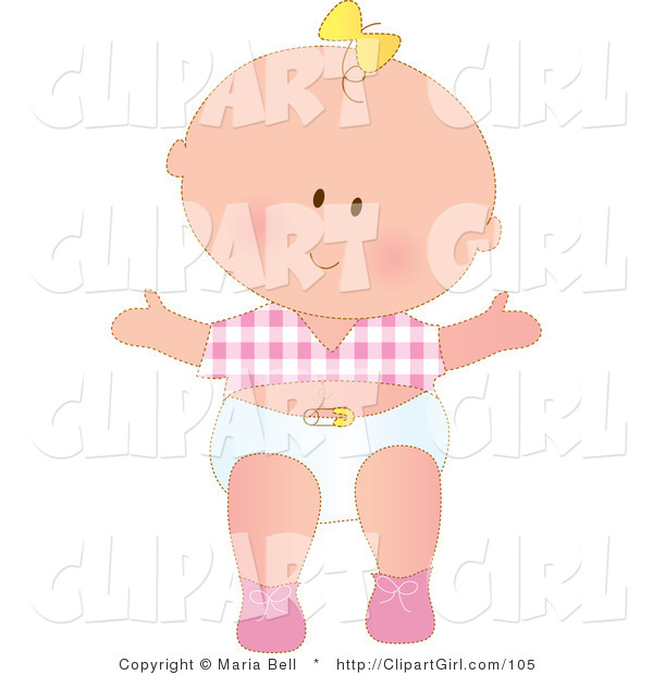 Clip Art of a Cute Caucasian Baby Girl with a Yellow Bow in Her Hair, Wearing a Pink Checkered Shirt and White Diaper While Taking Her First Steps