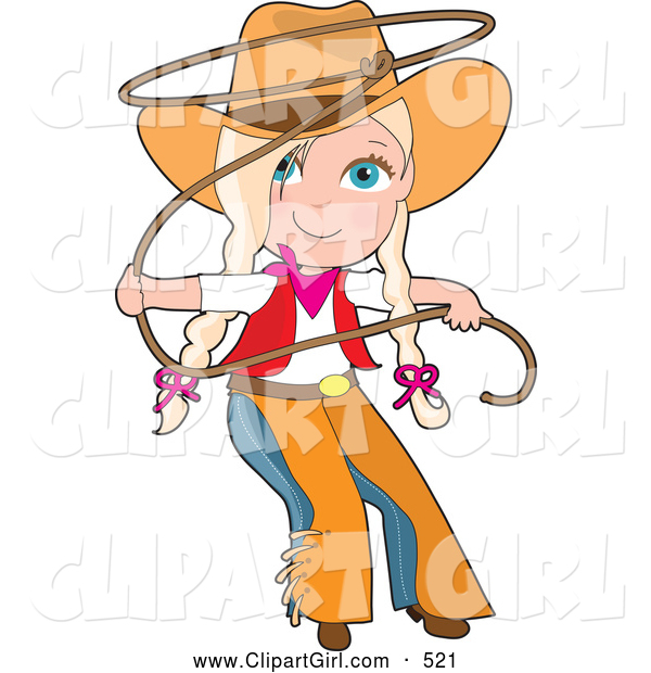 Clip Art of a Cute Cute Cowgirl in Chaps and a Hat, Swirling a Lasso, Her Blond Hair in Braids