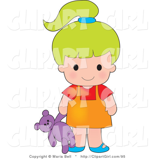 Clip Art of a Cute Green Haired Caucasian Girl Carrying a Purple Teddy Bear