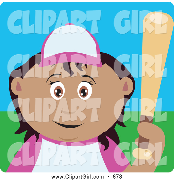 Clip Art of a Cute Latin American Girl Batting During a Baseball Game