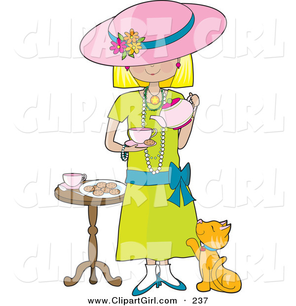 Clip Art of a Cute Little Blond Caucasian Girl Dressed in Her Mother's Clothing and Pouring a Cup of Tea into a Cup While a Marmalade Cat Looks up at Her, Waiting for a Treat