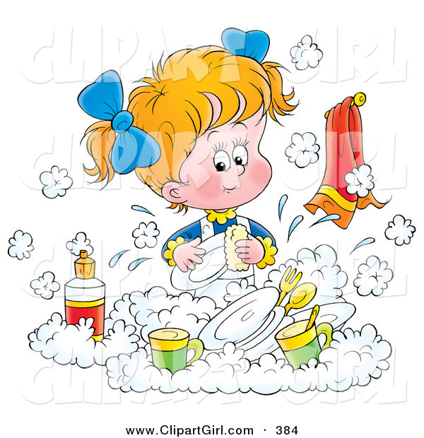 Clip Art of a Cute Little Blond Girl Happily Washing Dishes in a Soapy Kitchen Sink