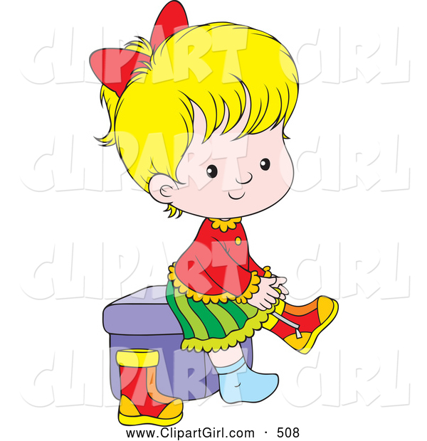 Clip Art of a Cute Little Blond Girl Sitting on a Cube and Putting Her Boots on