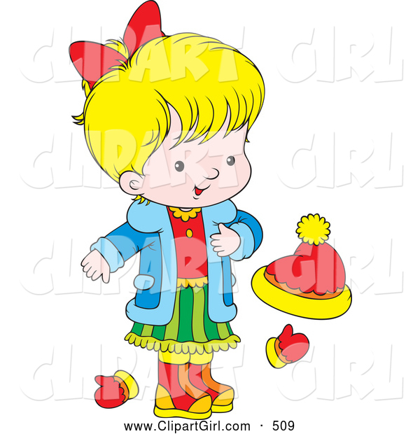 Clip Art of a Cute Little Blond Girl Wearing a Blue Jacket, Red Shirt, and Green Skirt, Standing by Mittens and a Ha