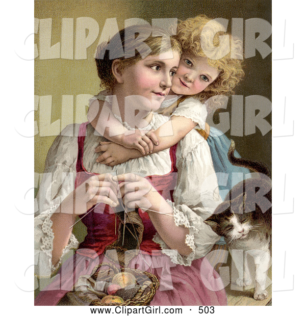 Clip Art of a Cute Little Blond Victorian Girl Hugging Her Mom from Behind As She Knits, a Cat Rubbing Against Her Arm
