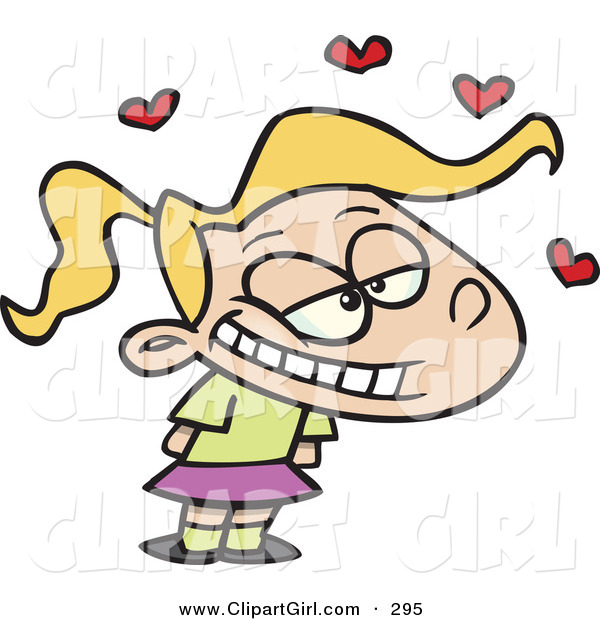 Clip Art of a Cute Little Blond White Girl with a Cruch on Someone, Red Hearts Fluttering Above Her Head
