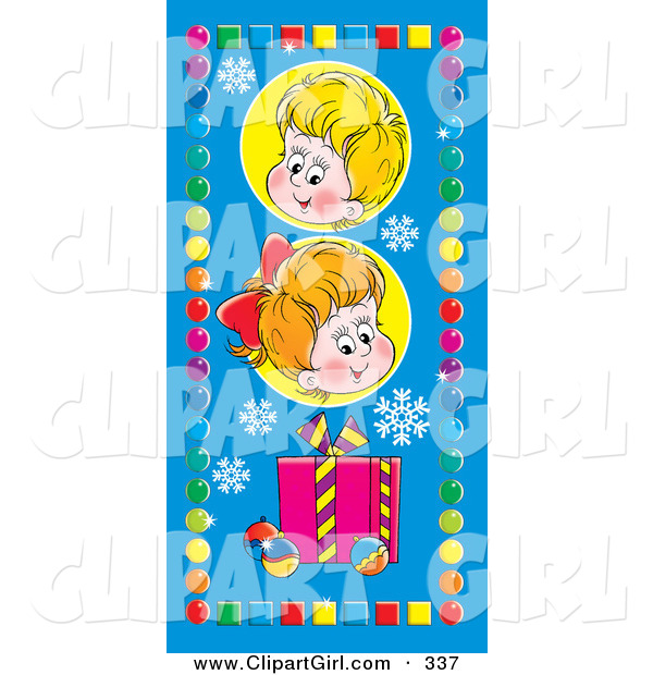 Clip Art of a Cute Little Boy and Girl Above a Gift, Snowflakes and Baubles, Bordered by Colorful Circles and Squares on Blue