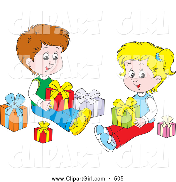 Clip Art of a Cute Little Boy and Girl, Brother and Sister, Sitting on the Floor and Opening Christmas Presents