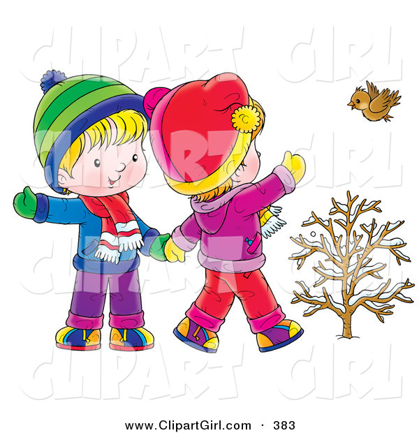 Clip Art of a Cute Little Boy and Girl Walking, Holding Hands and Waving to a Bird on a Winter Day