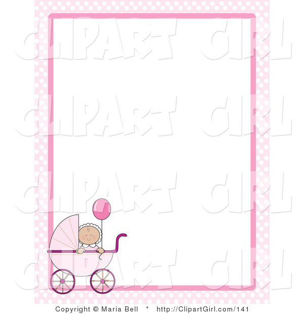 Clip Art of a Cute Little Caucasian Baby Girl Holding a Pink Balloon in a Pink Baby Carriage on a Pink and White Checkered Stationery Frame