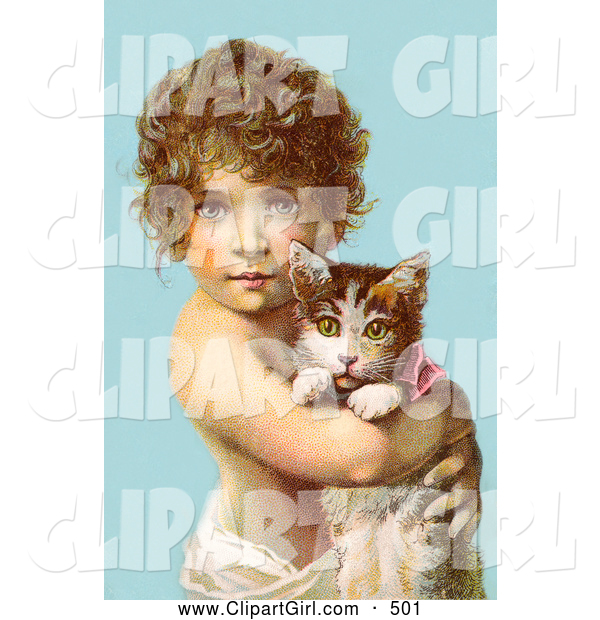 Clip Art of a Cute Little Curly Haired Victorian Child Holding a Kitten in Their Arms, over a Blue Background