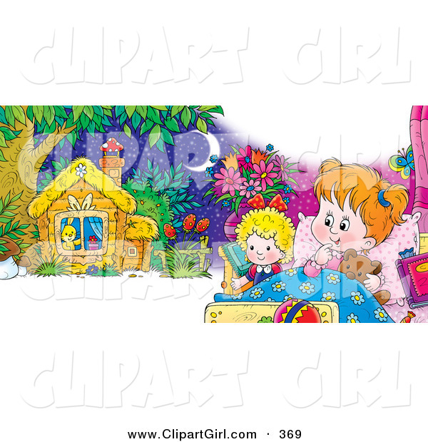 Clip Art of a Cute Little Girl Cuddling in Bed with Her Teddy Bear a Doll, Dreaming of a Cute Little Cabin