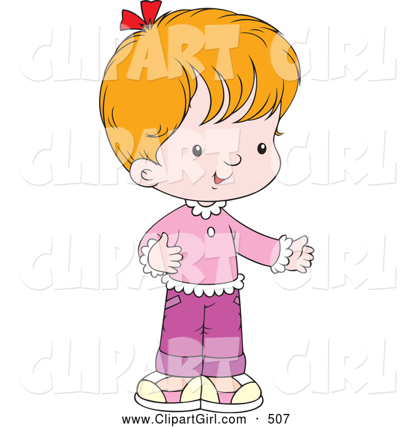 Clip Art of a Cute Little Girl Dressed in Pink and Purple, Holding One Arm out
