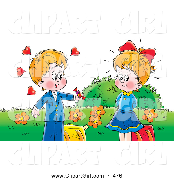 Clip Art of a Cute Little Smiling Boy Giving Candy to a Girl He Has a Crush on