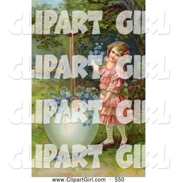 Clip Art of a Cute Little Victorian Girl Filling a Giant Broken Easter Egg with Forget Me Not Flowers