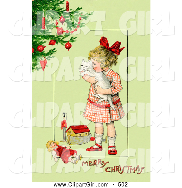 Clip Art of a Cute Little Victorian Girl Hugging Her White Cat and Standing by Toys near a Christmas Tree, on a Green Background with Greeting Text
