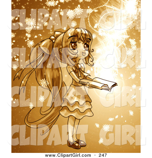 Clip Art of a Cute, Long Haired Anime Girl in a Dress, Holding a Magical Book Open While Floral Particles and Light Spin Around Her